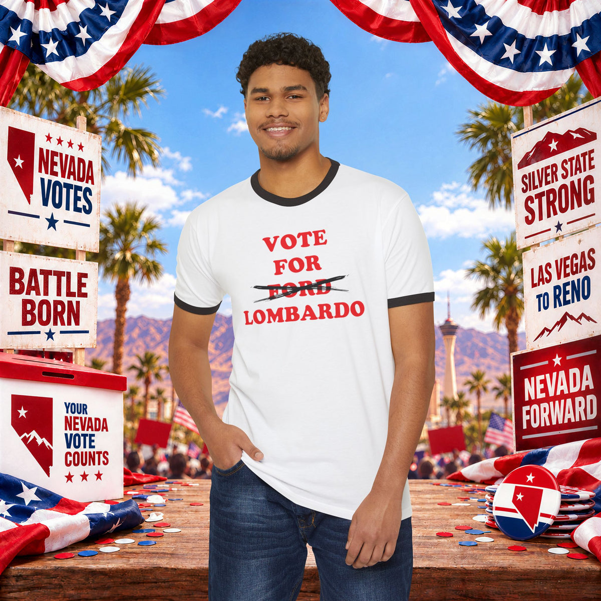 Vote For Lombardo — Nevada Governor Ringer Tee (Ford Crossed Out)