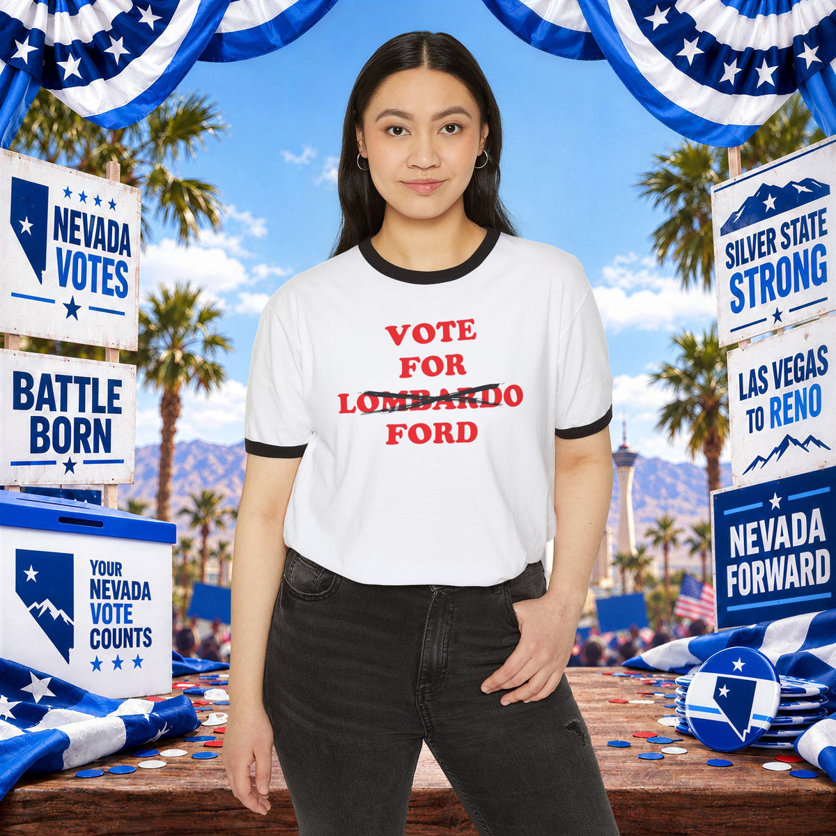 Vote For Ford — Nevada Governor Ringer Tee (Lombardo Crossed Out)