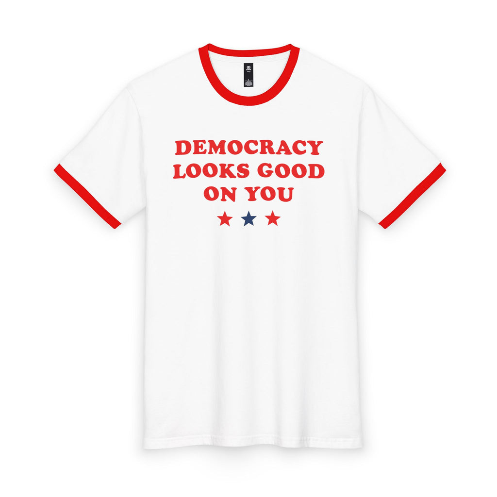 Democracy Looks Good On You — Red Ringer Tee