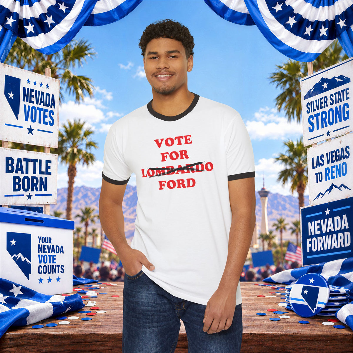 Vote For Ford — Nevada Governor Ringer Tee (Lombardo Crossed Out)