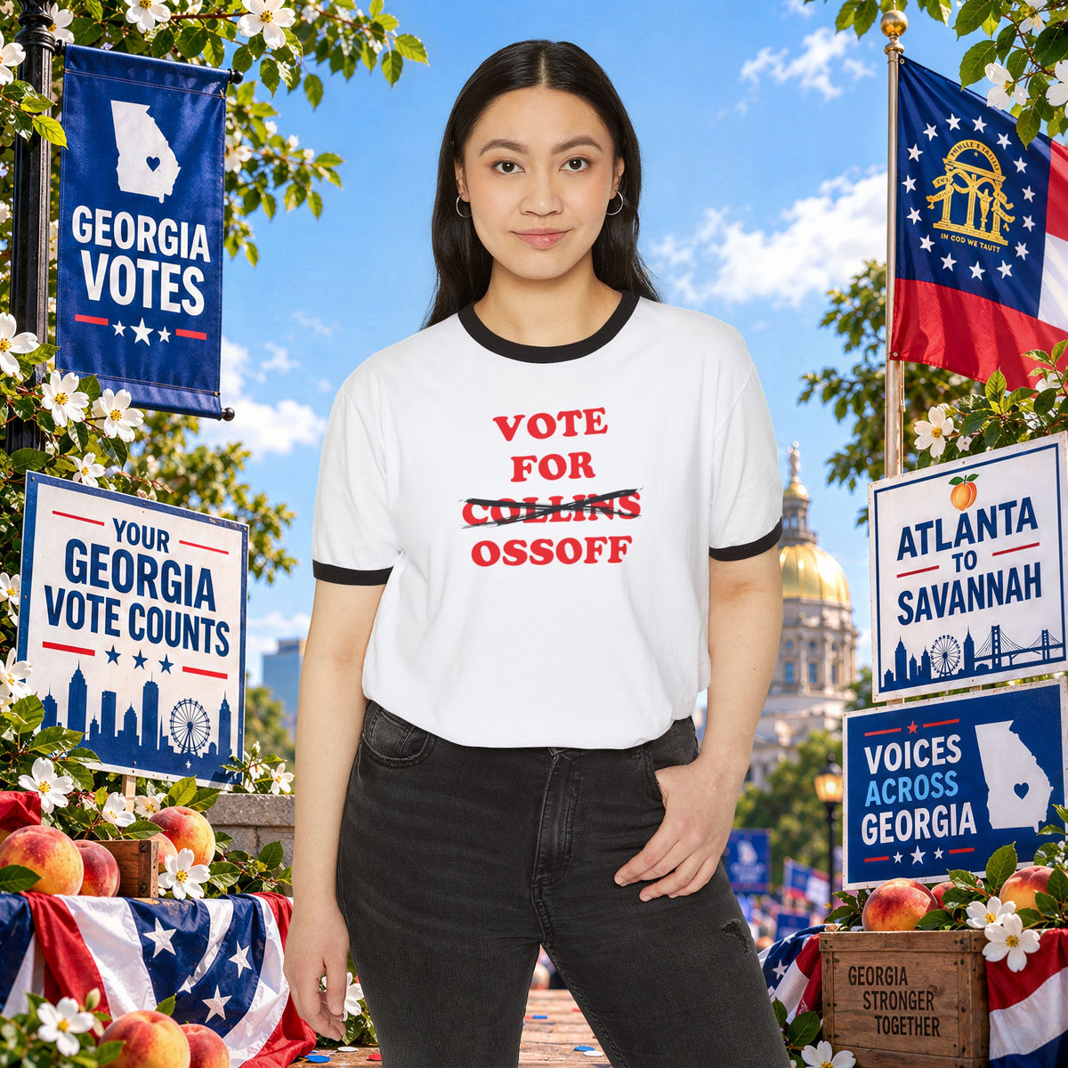 Vote For Ossoff — Georgia Senate Ringer Tee (Collins Crossed Out)